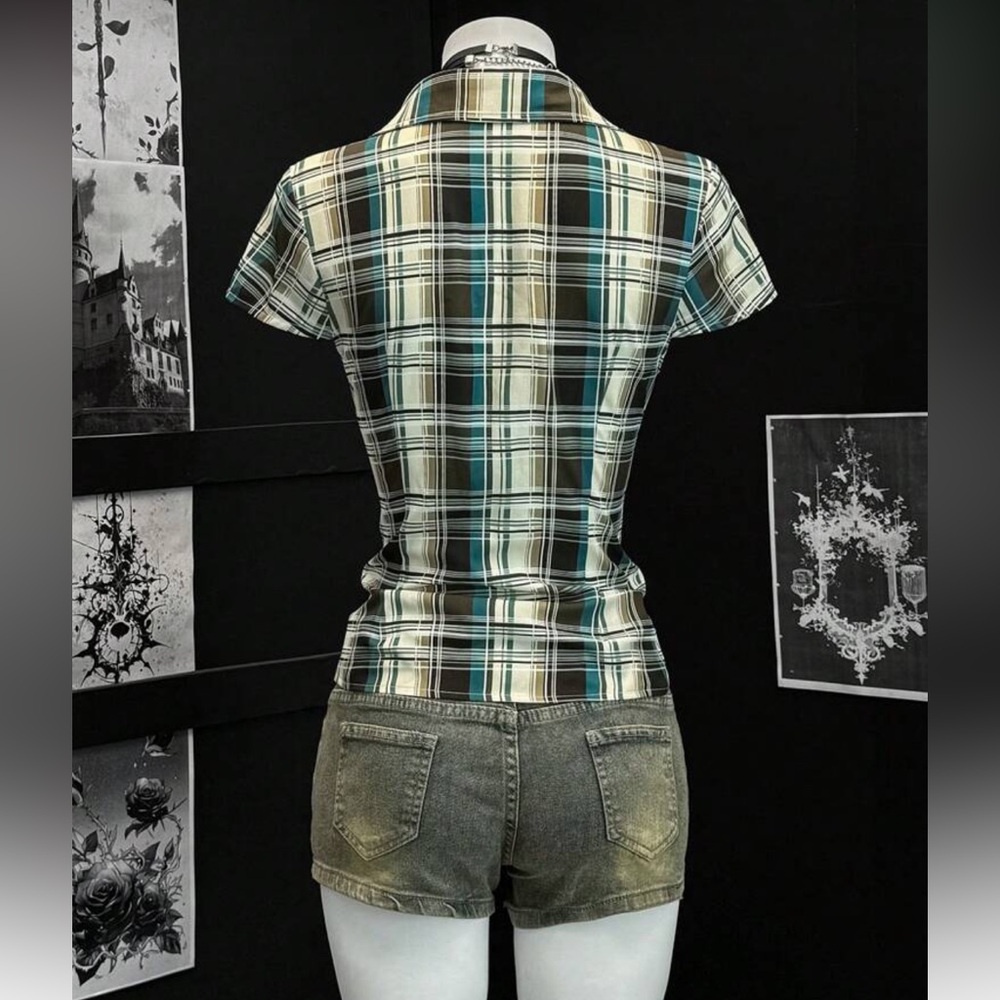 Short Sleeve Plaid Ruffle Button-Up Blouse - Picture 7 of 16